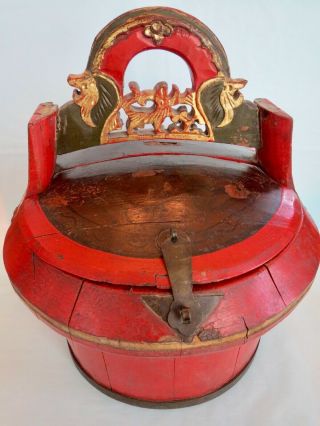 Antique Vintage Chinese Red Lacquer Carved Gold Gilded Wood Wedding Basket Box