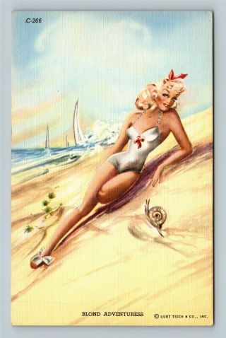 Bathing Beauties Pin - Ups Blond Adventures Vintage Linen Pub.  Curt Teich Postcard