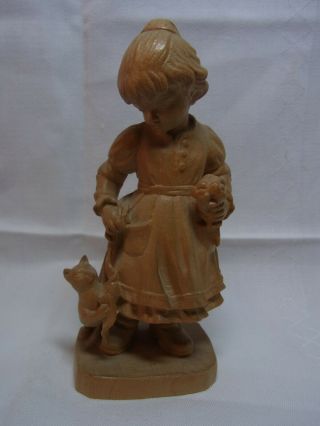 Vintage German Carved Wood Girl With Cat And Flower N