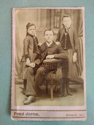 Antique 19th C Cabinet Card Photo Siblings Detail Back Stamp And Back Drop