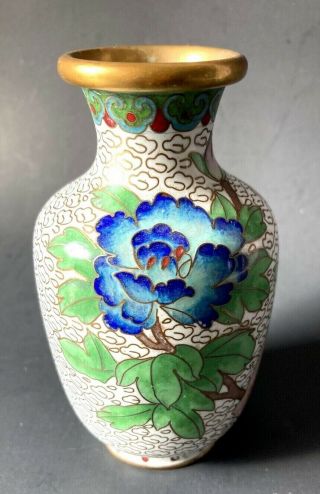 Jingfa Fine Cloisonné Vase White Background Blue Cyan Peony,  Pink Lotus Blossoms