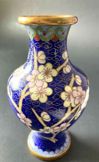 Jingfa Fine Cloisonne Vase Blue Background W/ Branched Apple Blossoms & Buds