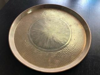 Vintage Antique Hammered Brass Copper Etched Starburst Art Tray Plate BEAUTY 2