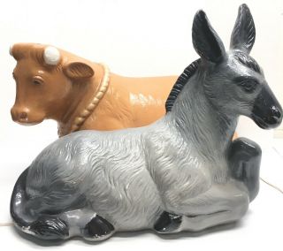 Rare Poloron Vintage Blow Mold 22” Donkey 27” Ox Cow Nativity Stable Set