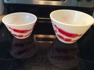 Very Rare Vintage Fire King Milk Glass 2 Mixing Bowls Red Kitchen Aids