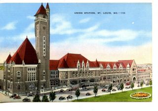 Union Railroad Rr Station - Train Depot - St Louis - Missouri - Vintage Linen Postcard