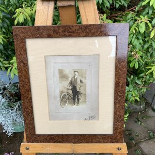 Framed Vintage Photograph Depicting A Man And His Push Bike