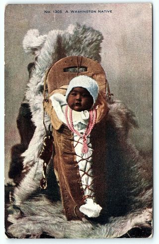 Vtg Postcard Antique Native Baby Washington Infant Carrier Studio Portrait A5