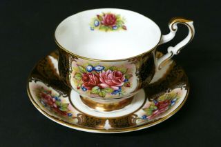 Vintage Paragon Tea Cup Saucer Black Roses Gold Gilt