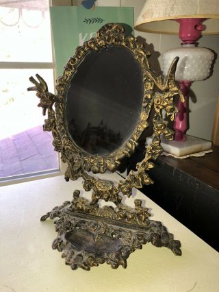 Vintage Vanity Table Top Cast Iron Victorian Chic Mirror Gold Flowers & Birds