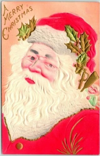 Vintage Christmas Embossed Postcard Santa Claus / Air - Brushed Red Suit - 1908