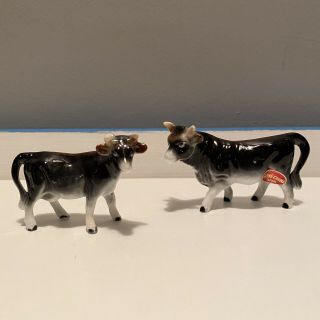 Vtg Miniature Bull Cow Ceramic Bone China Occupied Japan Figurine Pair 1940s