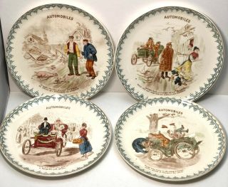 Set Of 4 Antique French Plates - Automobiles Designs