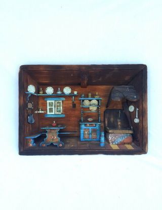 Vintage Folk Art Carved Wood 3d Diorama Kitchen Scene Shadow Box European 9 " X13 "