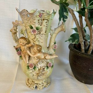 Vintage Porcelain Cherub Flowers Watering Can Vase Capodimonte Style Marked Nc