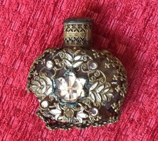 Vintage Czech Amber Perfume Bottle W Rhinestones,  Brass Filigree & Enamel Stones