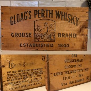 Antique Vtg Wooden Crate Box Gloag’s Perth Whiskey Grouse Balt Md Scotland 17x12