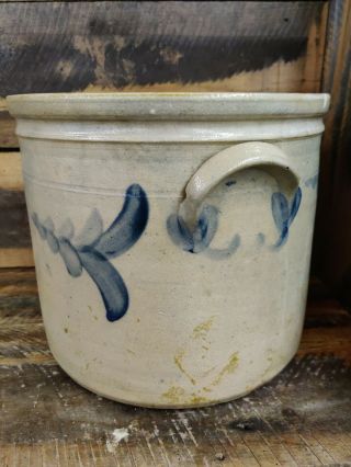 Antique Salt Glazed 3 gallon Stoneware Crock W Blue cobalt decoration.  Primitive 2