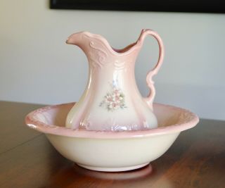 Vintage / Antique Large Ironside Pink Floral Pitcher And Bowl / Basin Set
