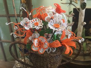 Antique Vtg Bouquet 14 French Hand Done Seed Bead Flowers In Orange White Green
