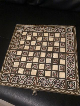 Vintage Mosaic Wood Persian Chess & Backgammon Board Hand Made Size 11.  5x11.  5