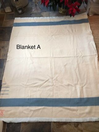 TWO Vintage 3.  5 point Hudson Bay Blankets,  Sky Blue Stripe,  Some Flaws 3