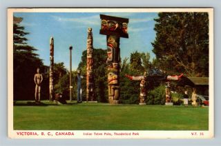 Victoria Bc,  Indian Totem Poles,  Vintage British Columbia Canada Postcard