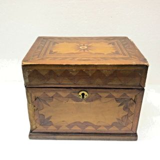 Antique Folk Art Primitive Inlaid Marquetry Wood Box Lined Chest Lock