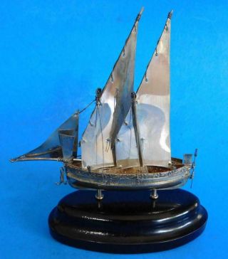 Vintage Sterling Silver Maltese Sailing Boat On Wooden Stand 1900s
