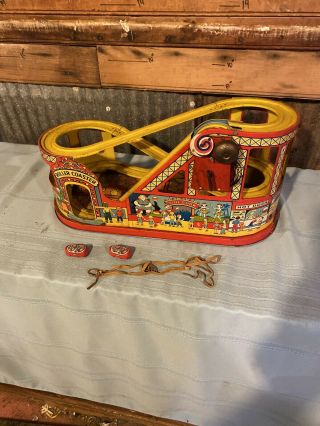 Vintage J.  Chein Tin Lithograph Wind - Up Roller Coaster - Complete Set