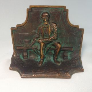 Antique Solid Bronze Bookends Abraham Lincoln Sitting On Bench Capitol Bldg.