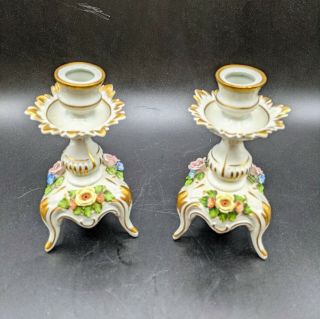 Vintage Dresden Germany Footed Candle Holders Candlesticks Roses Porcelain China