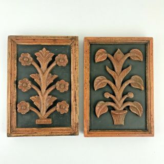 Set 2 Vintage Hand Carved Wood Painted Flowers Plant Wall Art Hanging Plaque Mcm