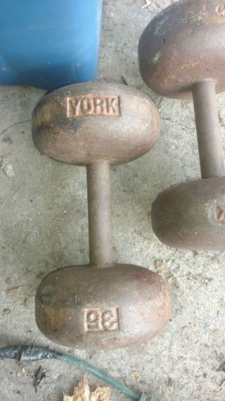 Vintage York 35 Pound Dumbbells Pre - Usa Roundhead 35 Lb Total Weight 70 Lb