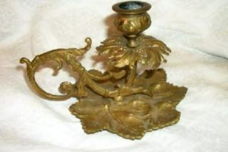 Antique Victorian Bronze Chamberstick Candle Holder Ornate Leaf Stem Finger Hold