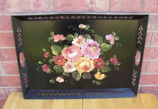 Large 21.  5 " Vintage Toleware Metal Tray Black Hand Painted Floral W/ Handles