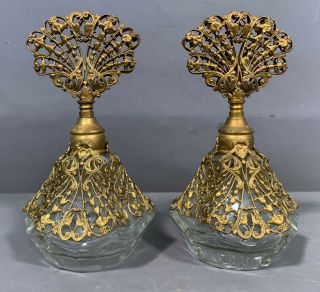 (2) 1910 Antique French Gilt Brass Filigree Old Perfume Bottle Ladies Scent Jar