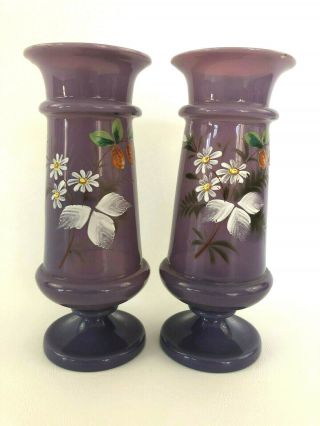 2 Antique Small Hand Made Victorian Bristol Glass Vases Purple 1870s 1880s