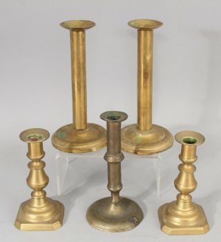 5 Antique 19thc Handmade Primitive Brass Side Push - Up Candlesticks Candle Holder