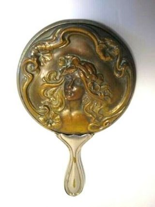 Antique Art Nouveau Figural Silver Plated & Bronze Hand Mirror