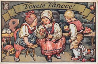 Old Czech Or Croatian Christmas Postcard Of Cute Children With Toy Cutting Apple