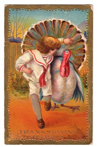 080620 Lovely Vintage Thanksgiving Postcard Boy In Sailor Suit With Turkey 1909