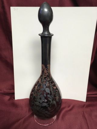 Antique Decanter Bottle Amethyst Genie Glass & Silver Overlay Pontil Barware