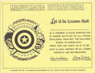 1970 Marvel Comics Marvelmania International Fan Club Hulk Thing Certificate