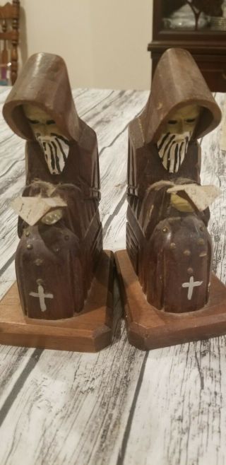 Vintage Wood Hand Carved Bookends 6.  5 Inches Tall Book Monk Friar Hooded