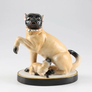 Rare Vintage Mottahedeh Model Of A Pug Dog And Her Pup