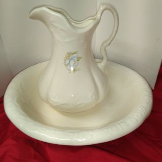 Ironstone England 1890 Large Water Pitcher And Wash Basin Bowl (white/blue Rare)