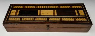 Antique Folk Art Wood Box With Inlaid Geometric Cribbage Board Lid,  Pegs & Chips