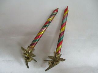 (2) Vintage Clip - On Blown Glass Candle Christmas Ornaments Stripe