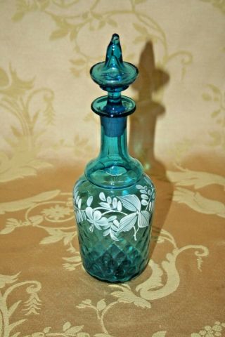 Vintage Fine Hand Blown & Painted Aqua Blue 6.  5 " Art Glass Decanter W/ Stopper